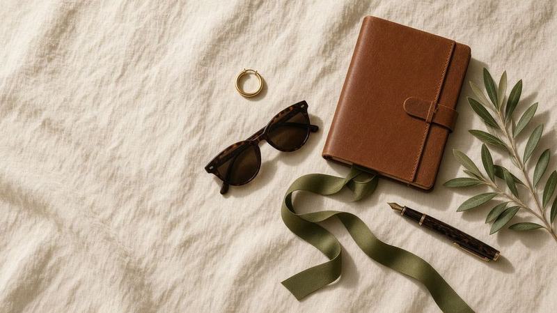 Overhead still life of sunglasses, a gold hoop, a notebook and linen on a paper desk